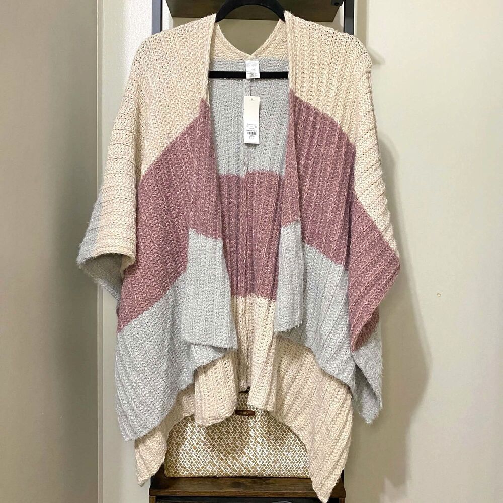 Francesca’s Chenille Color Block Open Front Cardigan One Size Mauve Ivory Gray